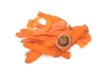 Photo of Carrot peel on white background, top view. Composting of organic waste