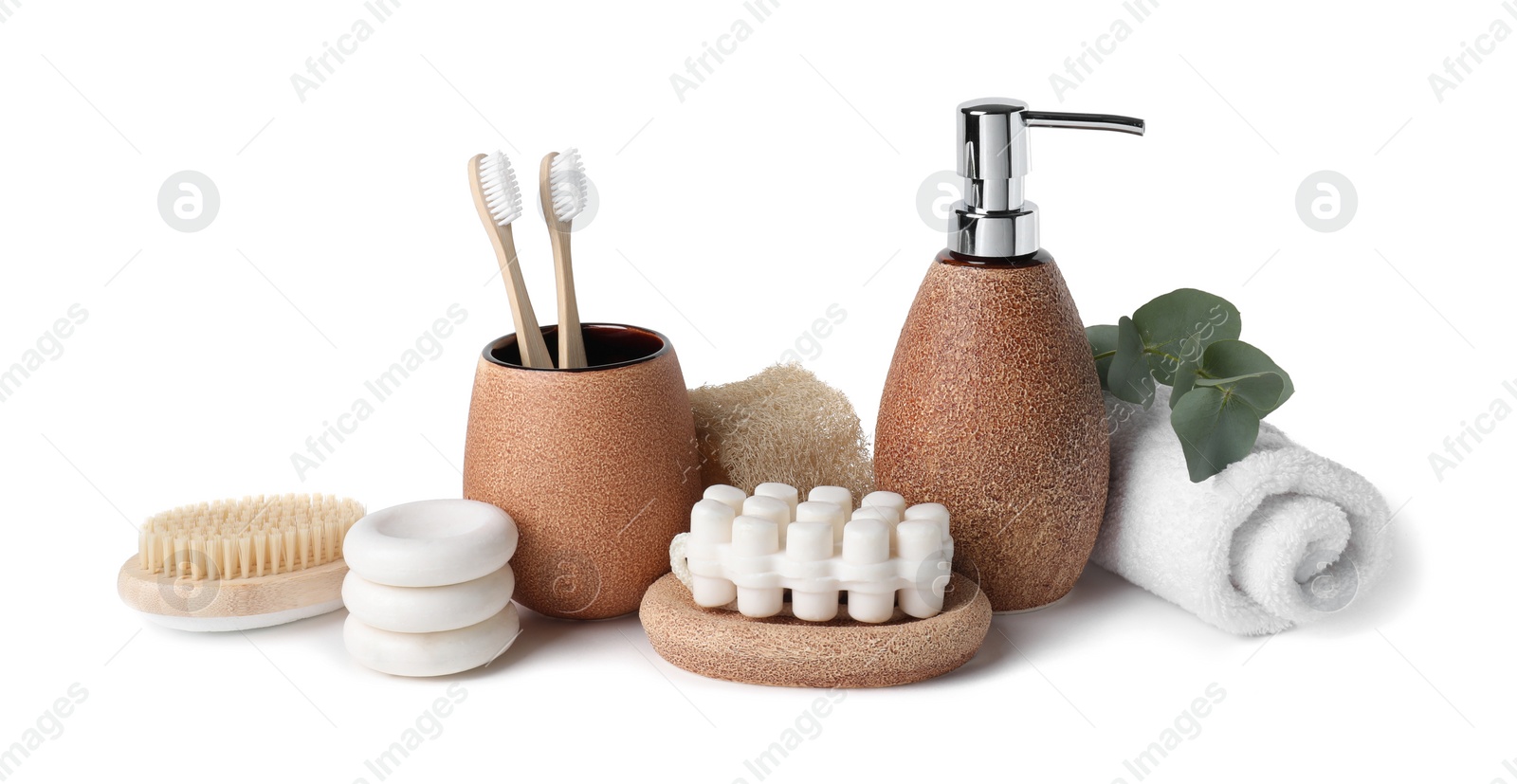 Photo of Bath accessories. Different personal care products and eucalyptus branch isolated on white