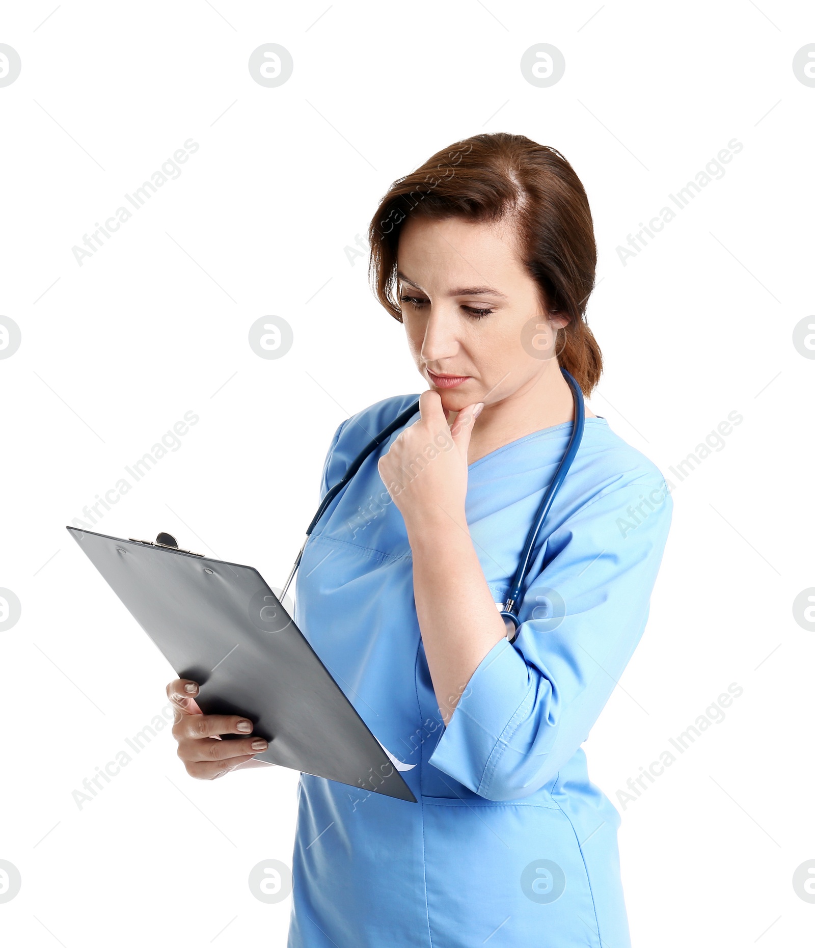 Photo of Portrait of experienced doctor in uniform on white background. Medical service