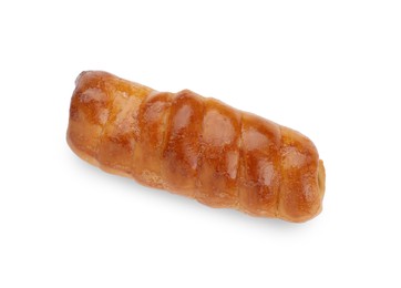 Photo of One delicious sausage roll isolated on white, top view