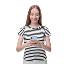 Woman sending message via smartphone isolated on white