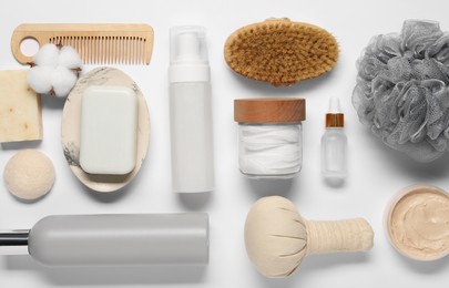 Bath accessories. Flat lay composition with personal care products on white background