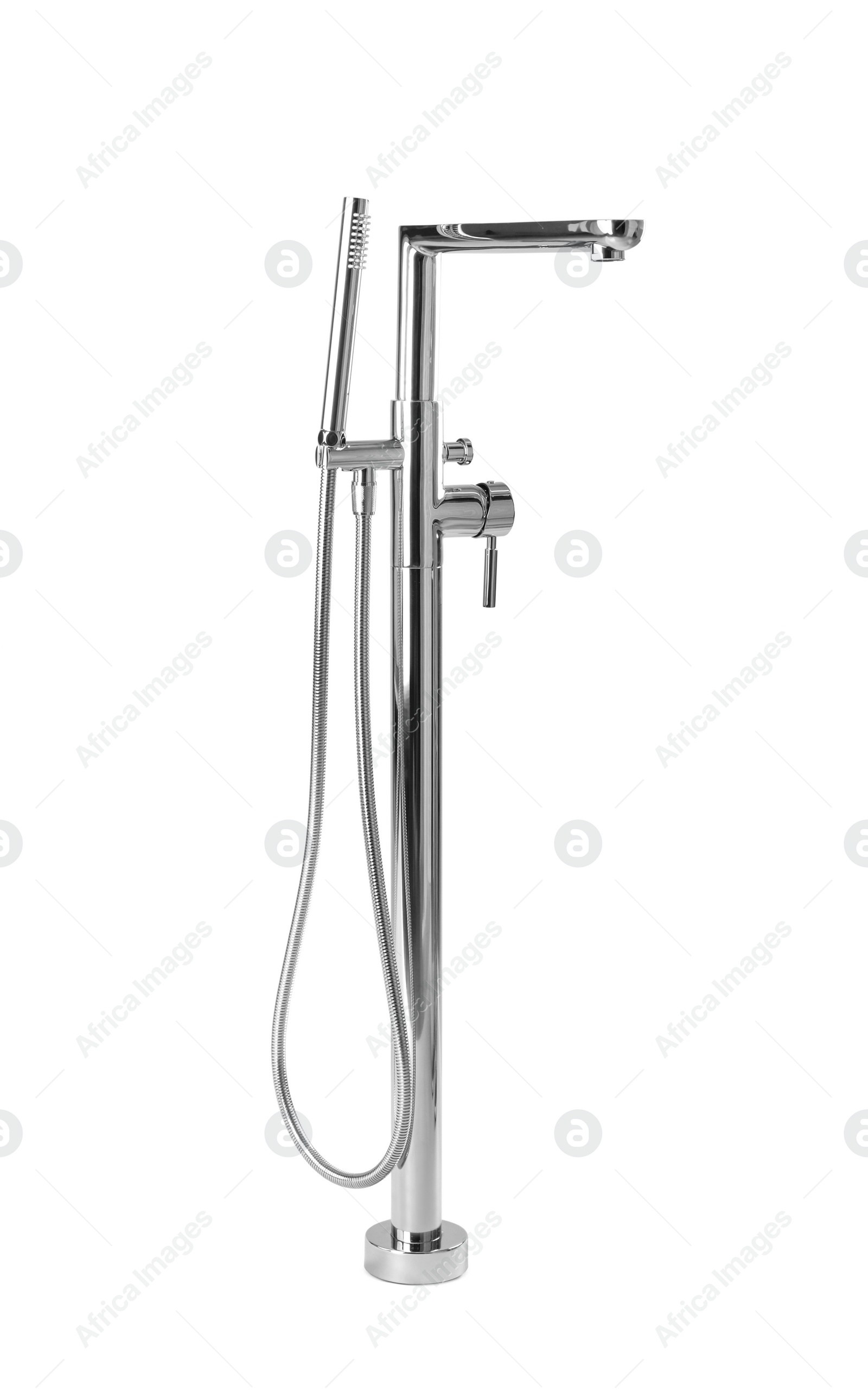 Photo of Modern bathtub faucet with hand shower on grey background