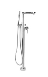 Modern bathtub faucet with hand shower on grey background