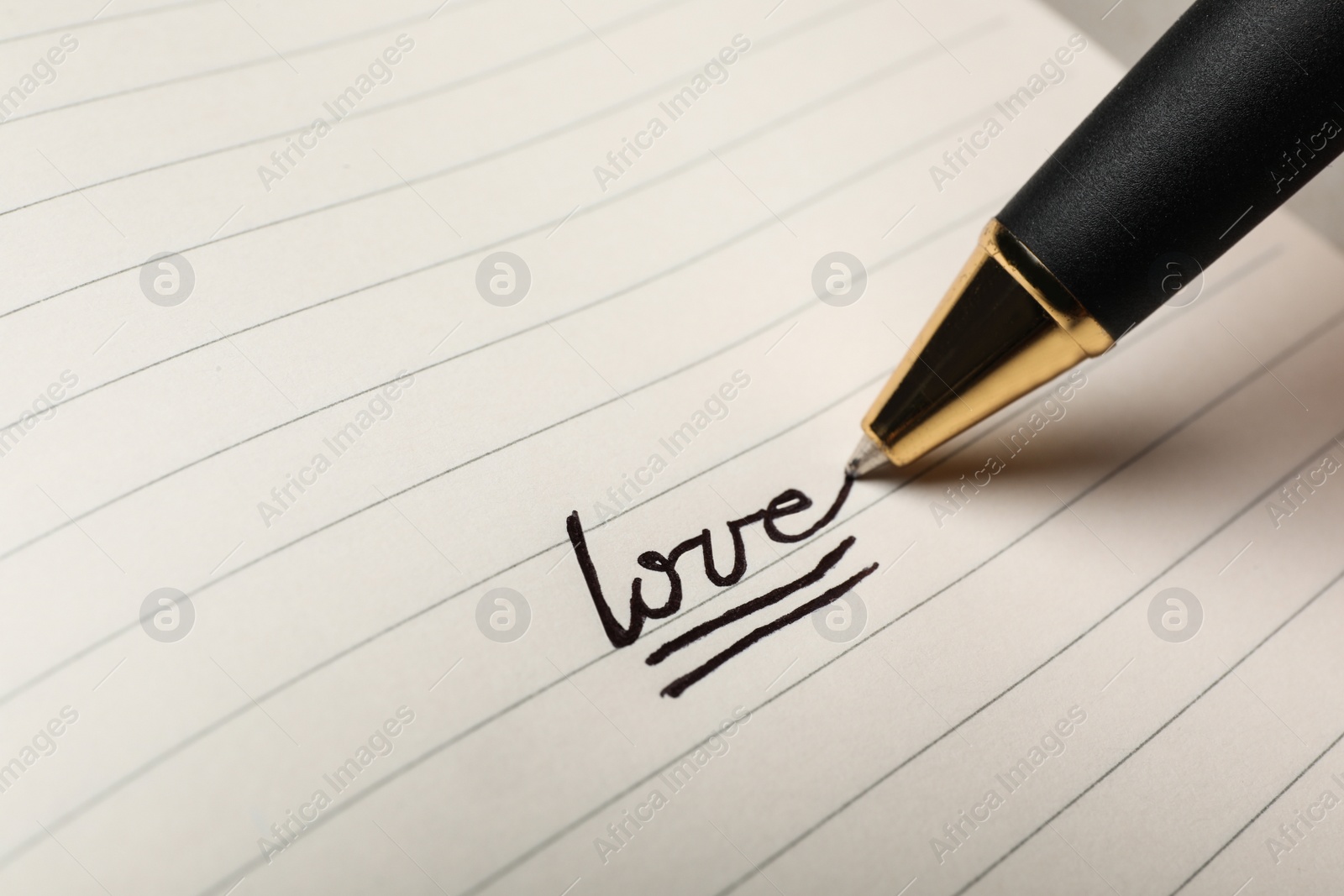 Photo of Writing word LOVE in journal, closeup view