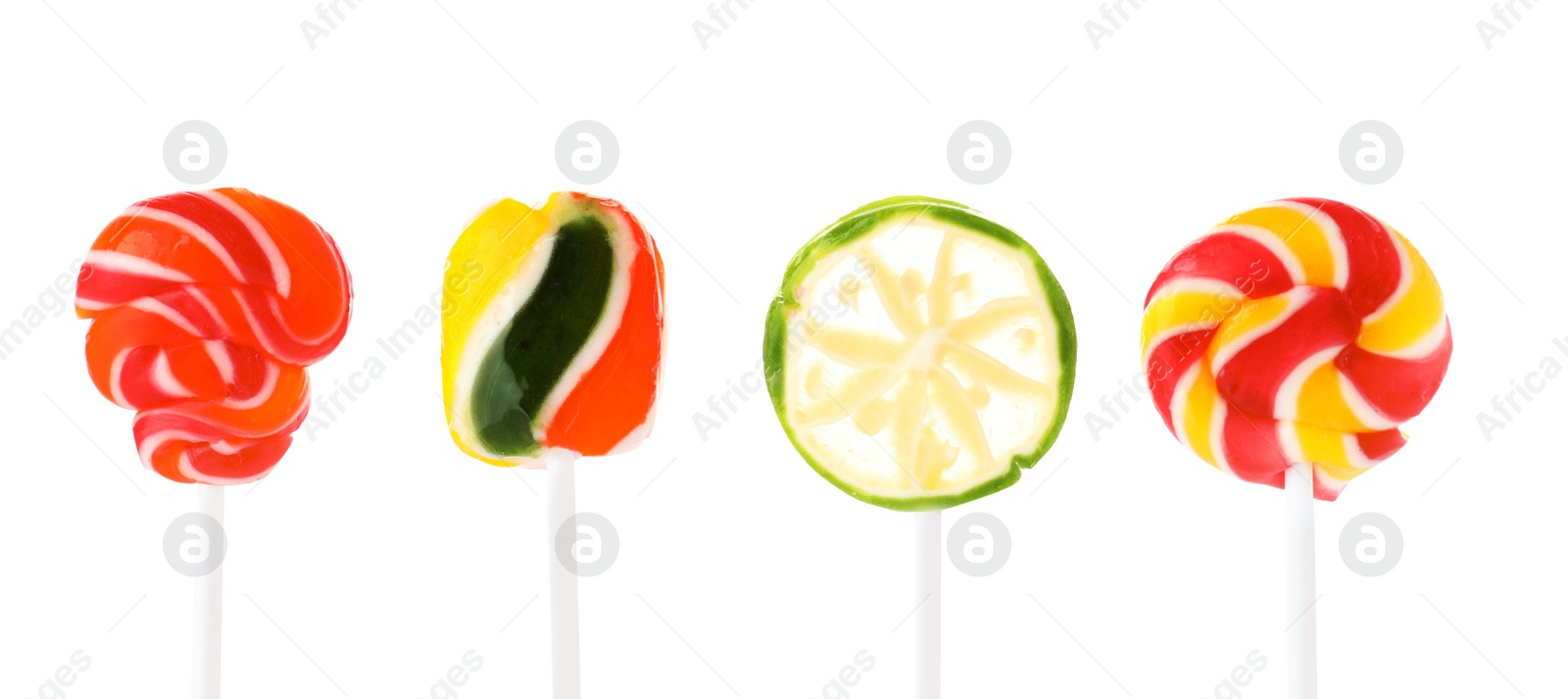 Photo of Different tasty colorful candies on white background