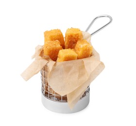 Tasty fried mozzarella sticks in metal basket isolated on white