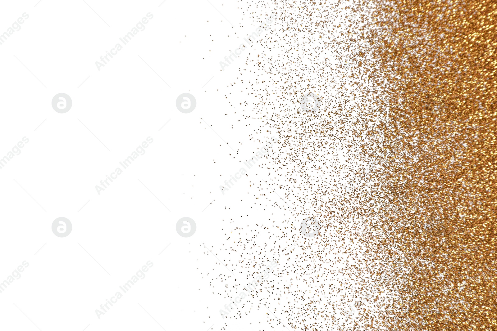 Photo of Shiny golden glitter on white background, top view