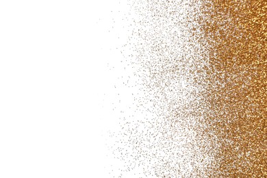 Photo of Shiny golden glitter on white background, top view