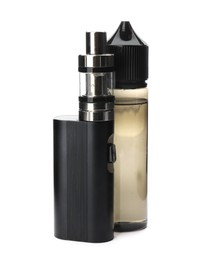 Photo of Electronic smoking device and vaping liquid on white background