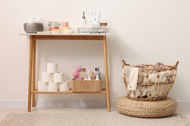 Photo of Different bath accessories and personal care products indoors