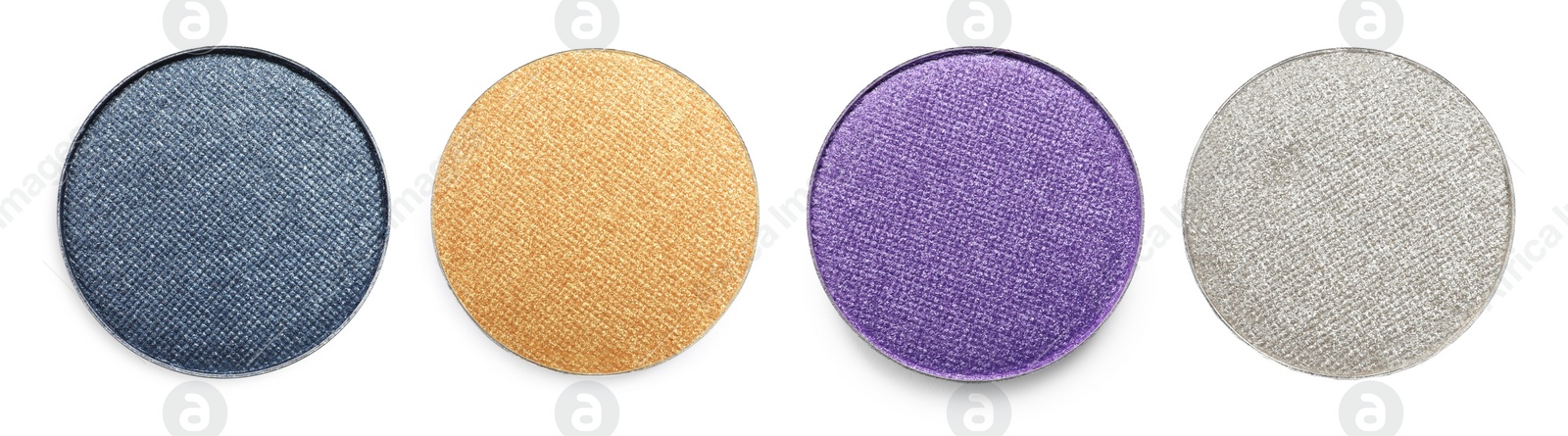 Image of Set of beautiful eye shadow refill pans on white background