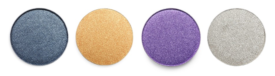 Image of Set of beautiful eye shadow refill pans on white background