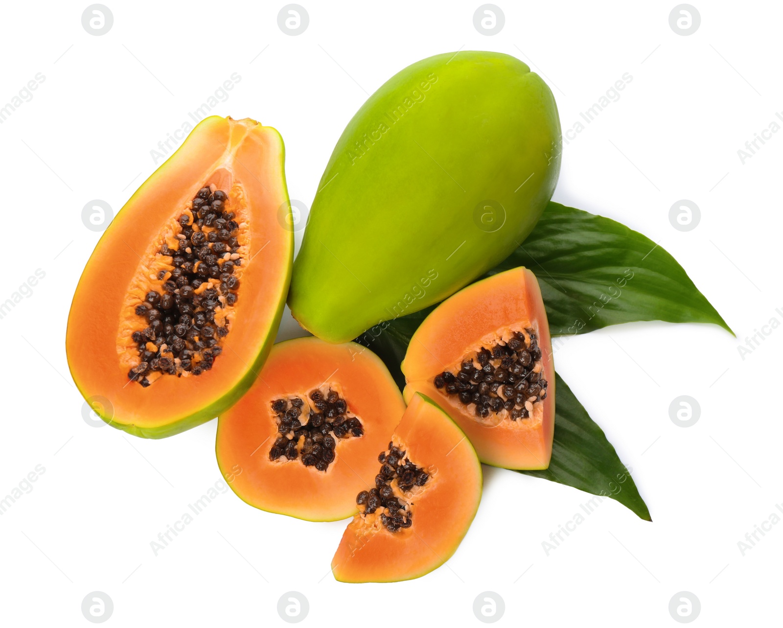 Photo of Fresh ripe papaya fruits with green leaves on white background, top view