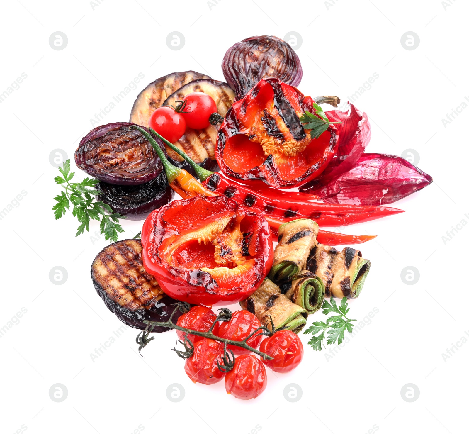 Photo of Different delicious grilled vegetables isolated on white
