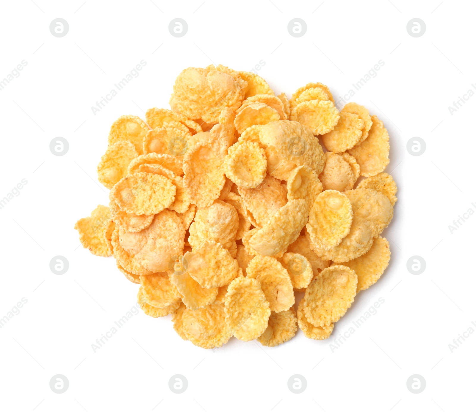 Photo of Breakfast cereal. Tasty sweet corn flakes isolated on white, top view