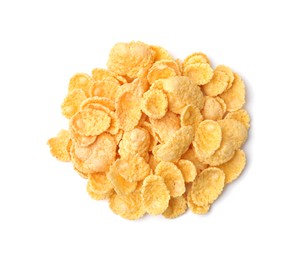 Photo of Breakfast cereal. Tasty sweet corn flakes isolated on white, top view