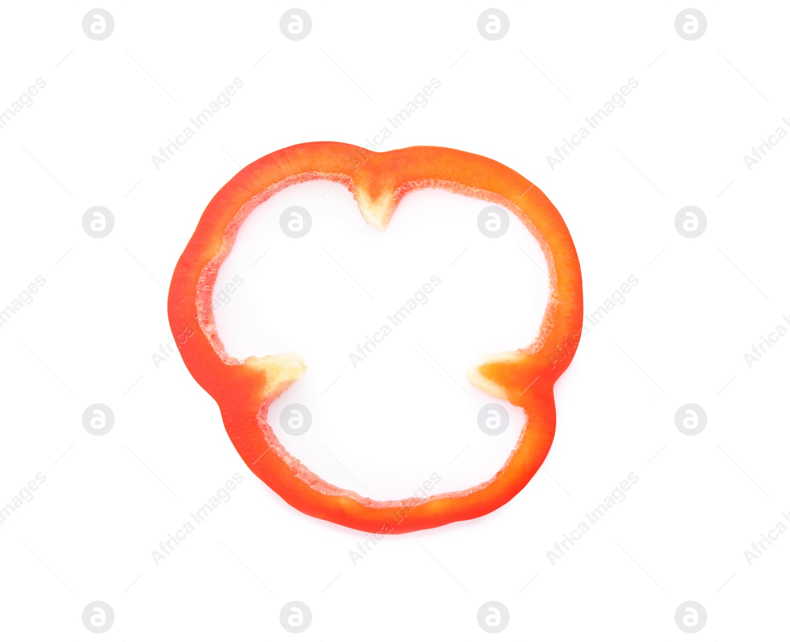 Photo of Slice of ripe paprika pepper on white background, top view