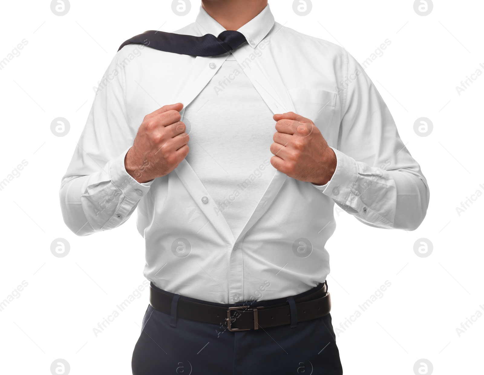 Photo of Businessman wearing superhero costume under suit on white background, closeup