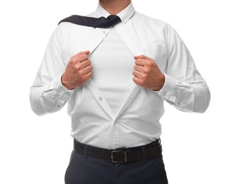 Businessman wearing superhero costume under suit on white background, closeup