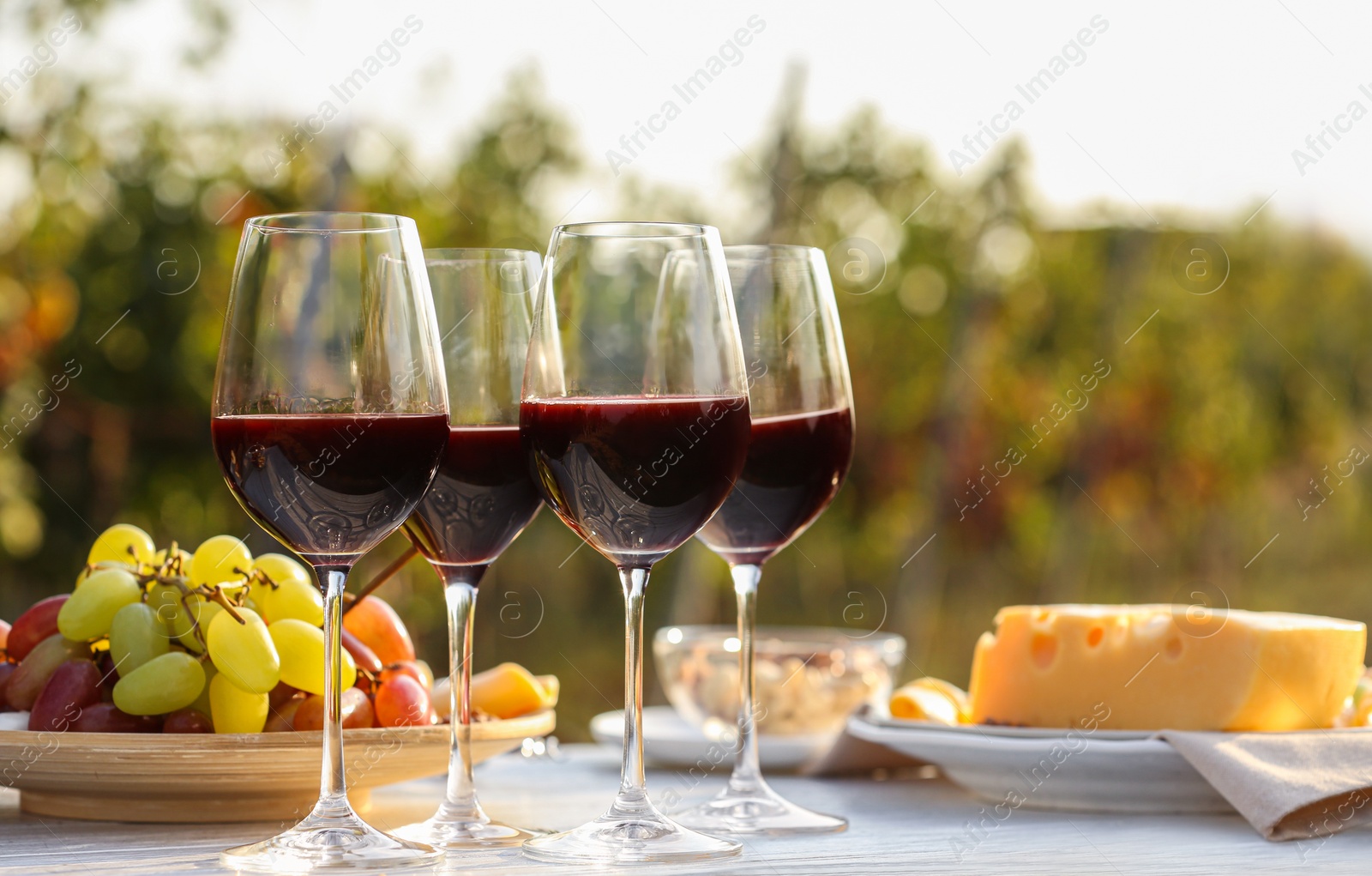 Photo of Red wine and snacks served for picnic on white wooden table outdoors