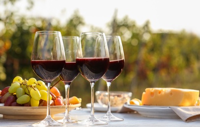 Photo of Red wine and snacks served for picnic on white wooden table outdoors