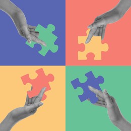 Image of Hands with pieces of jigsaw puzzle on different colors background. Stylish art collage
