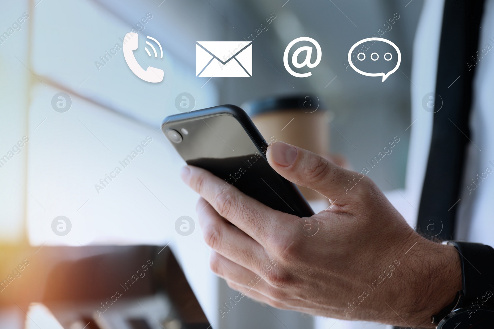 Image of Hotline service. Man with smartphone and different icons, closeup