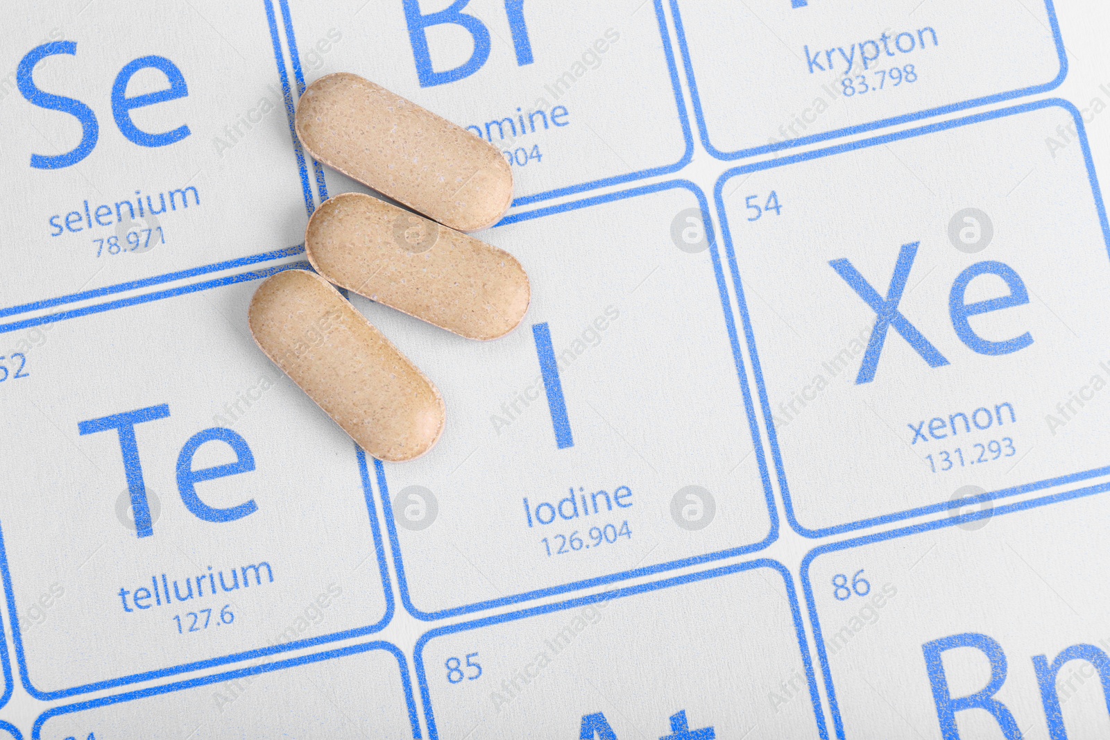 Photo of Symbol Iodine and pills on periodic table of elements, top view