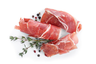 Tasty prosciutto on white background, top view