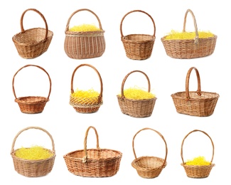 Set with wicker baskets on white background. Easter item