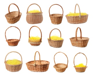 Image of Set with wicker baskets on white background. Easter item