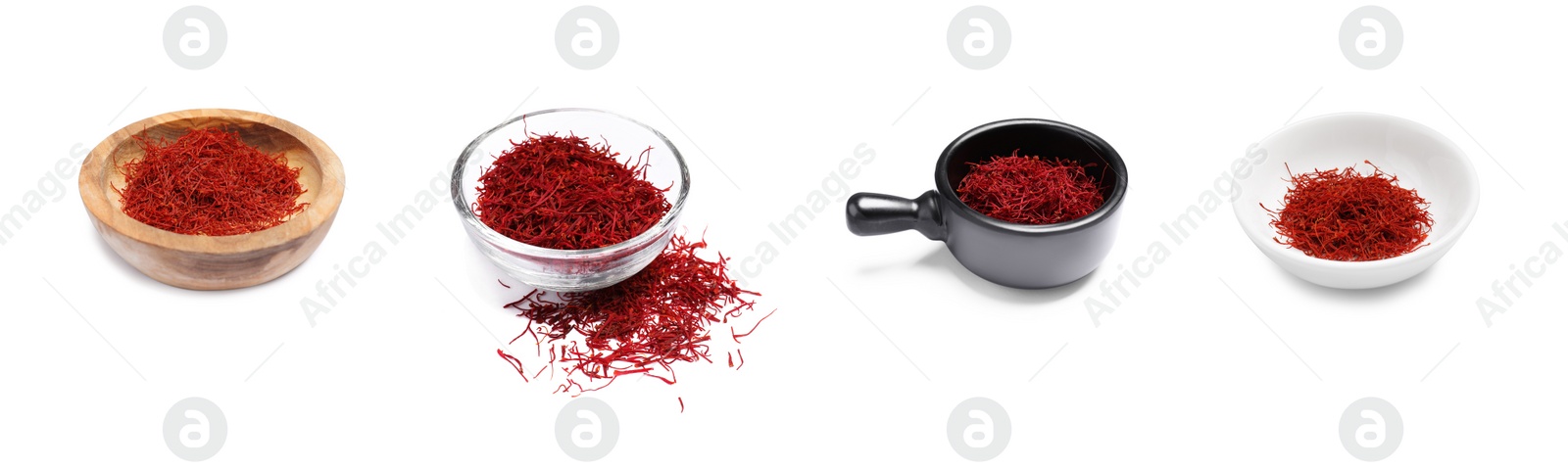 Image of Aromatic saffron in dishes isolated on white, set