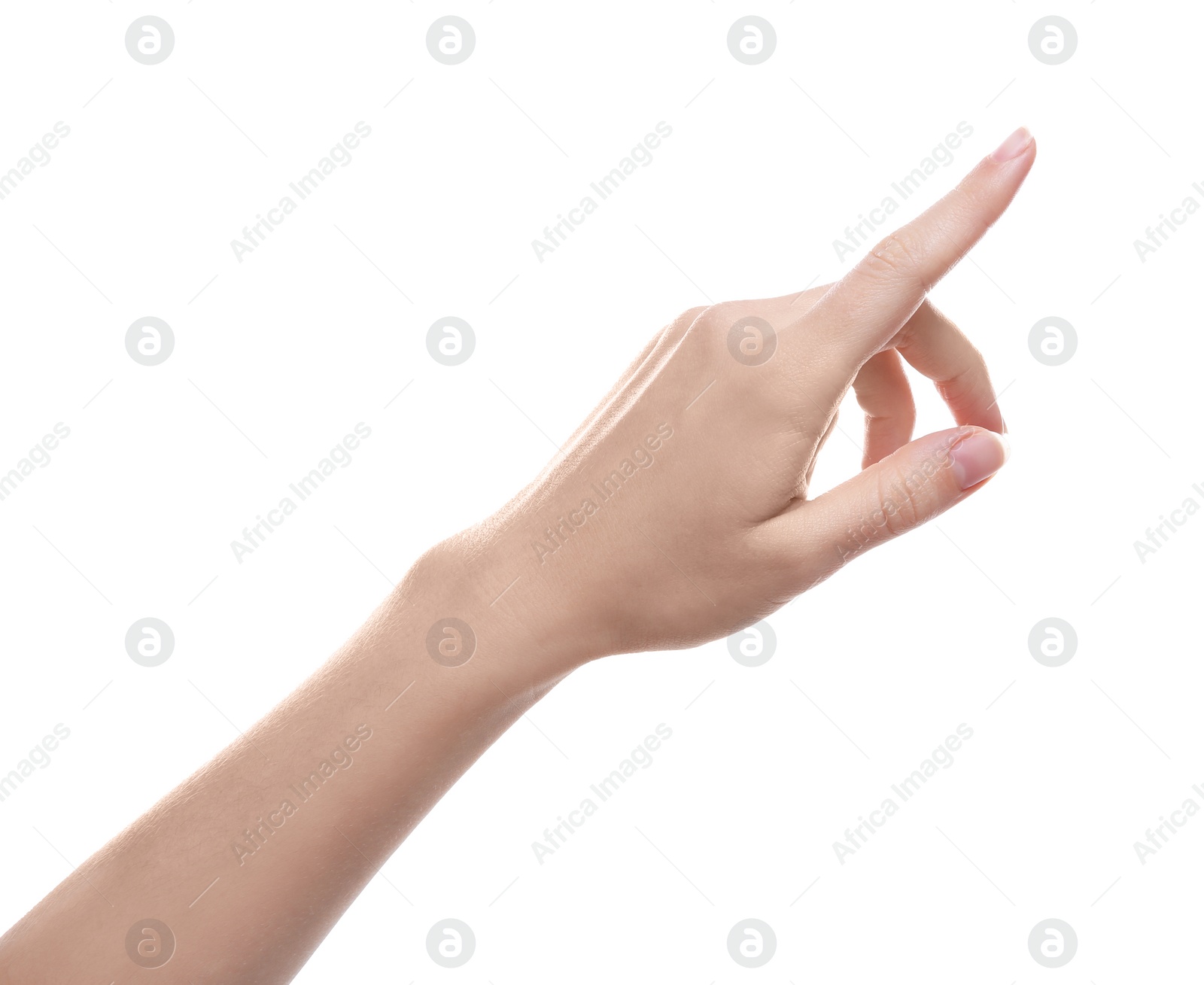 Photo of Woman pointing at something on white background, closeup of hand