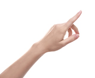 Photo of Woman pointing at something on white background, closeup of hand