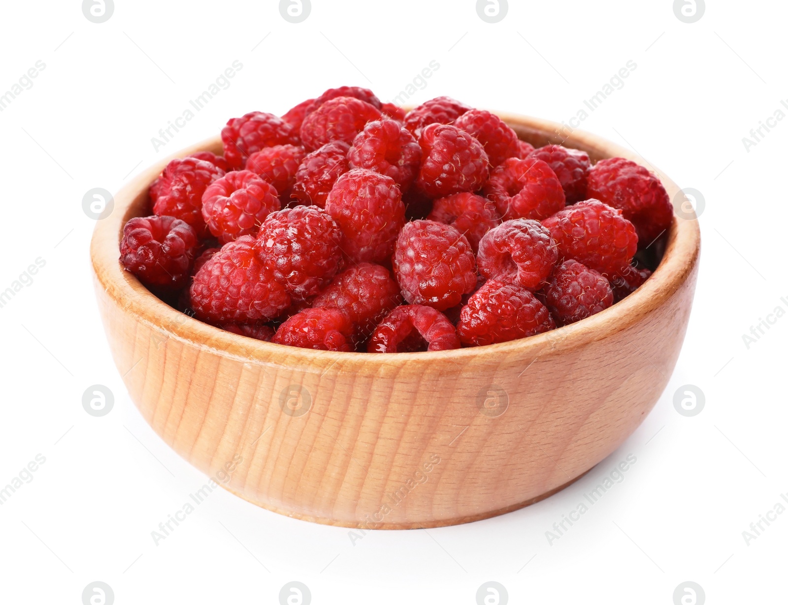 Photo of Bowl with ripe raspberries on white background