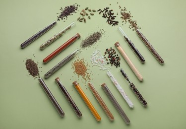 Photo of Test tubes with various spices on pale green background, flat lay