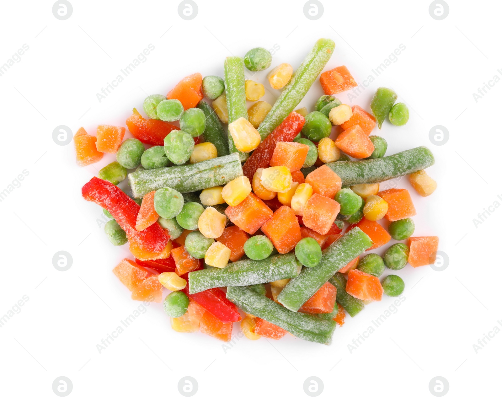 Photo of Mix of different frozen vegetables isolated on white, top view