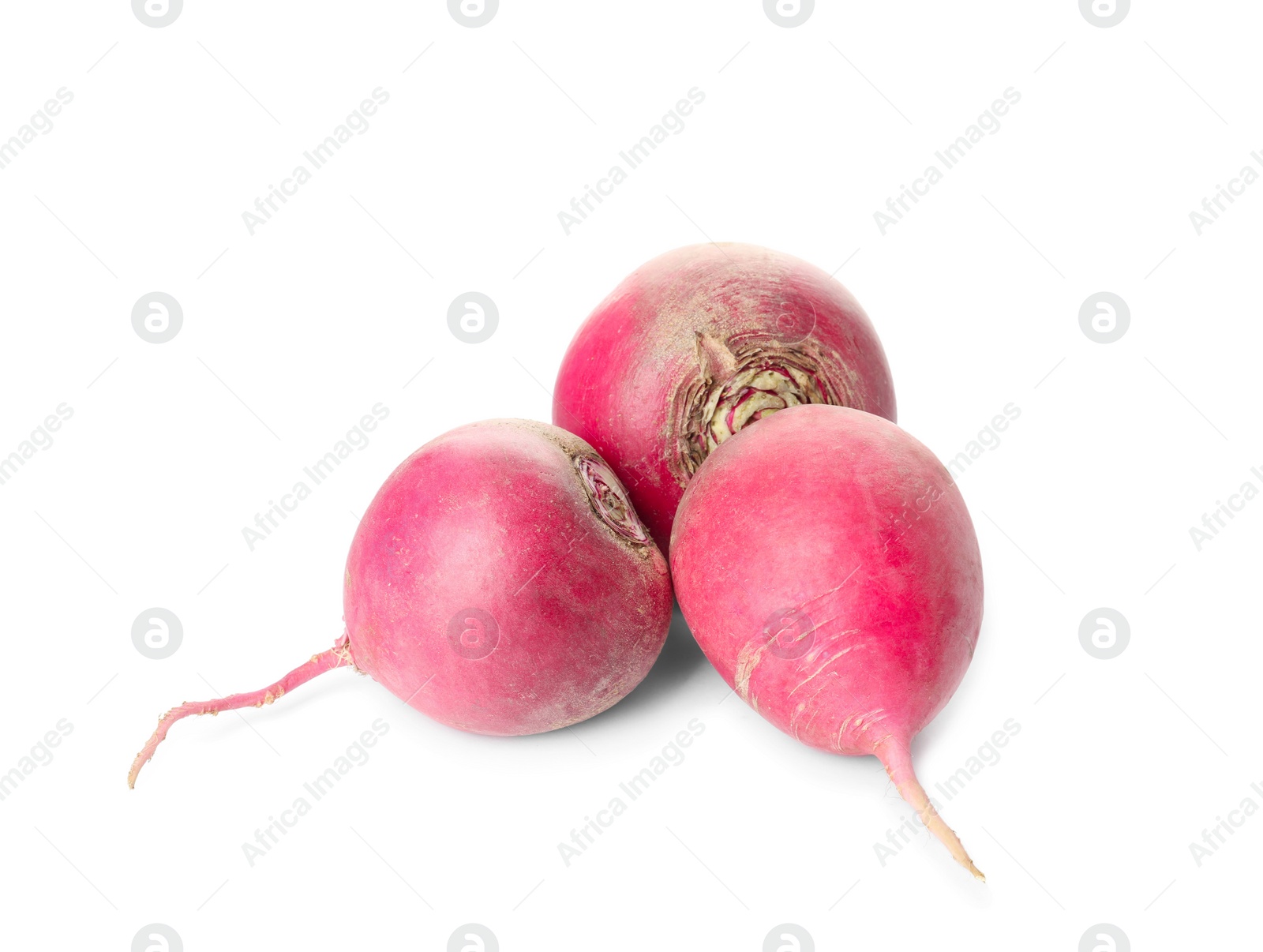 Photo of Whole fresh ripe red turnips on white background