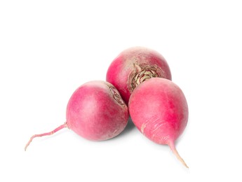 Photo of Whole fresh ripe red turnips on white background