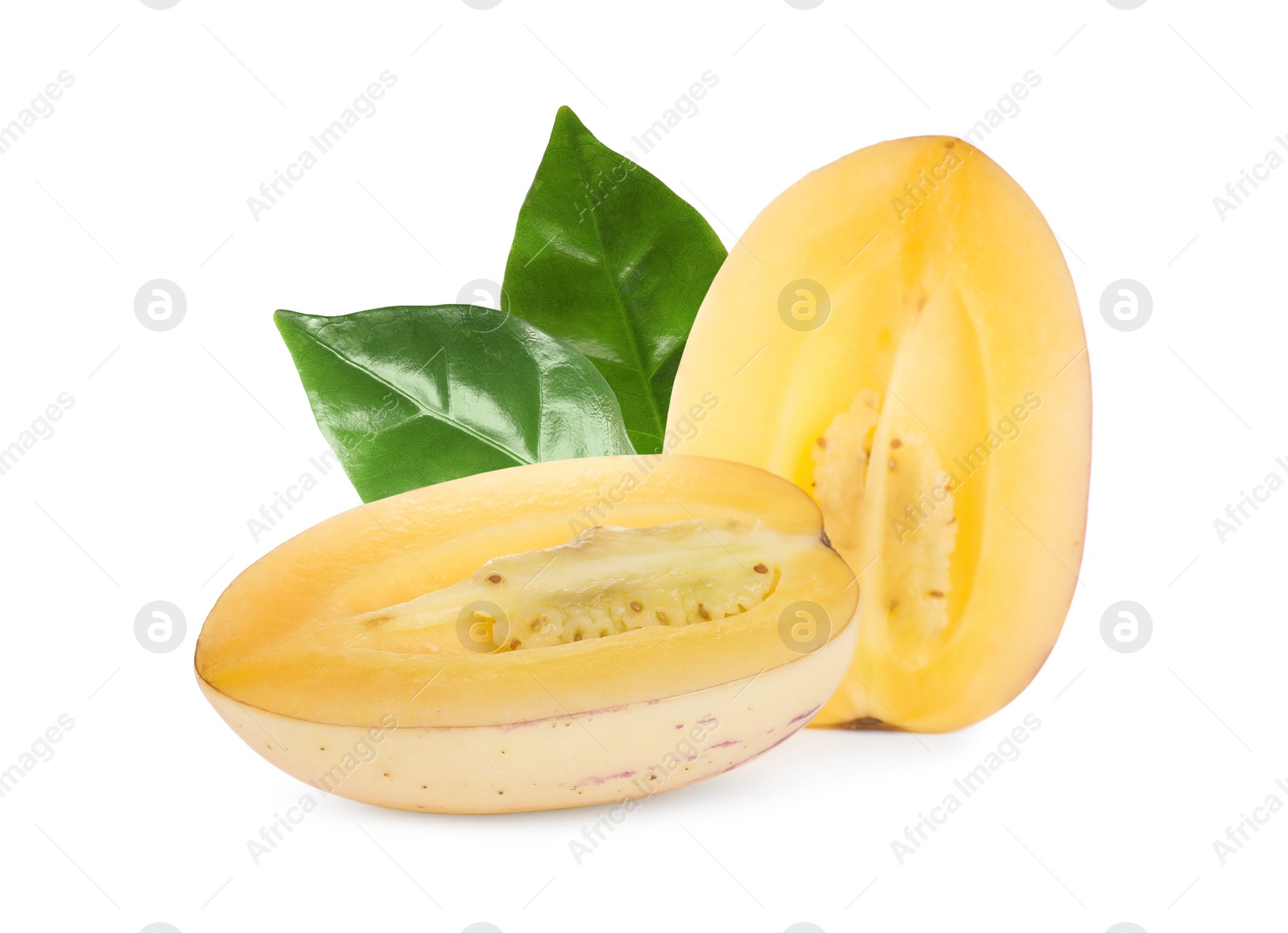 Image of Halves of fresh ripe pepino melon and green leaves on white background