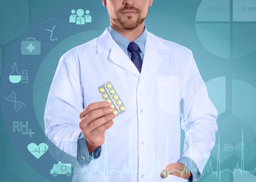 Virtual icons and professional pharmacist with pills on light blue background, closeup