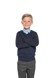Photo of Little boy in stylish school uniform on white background