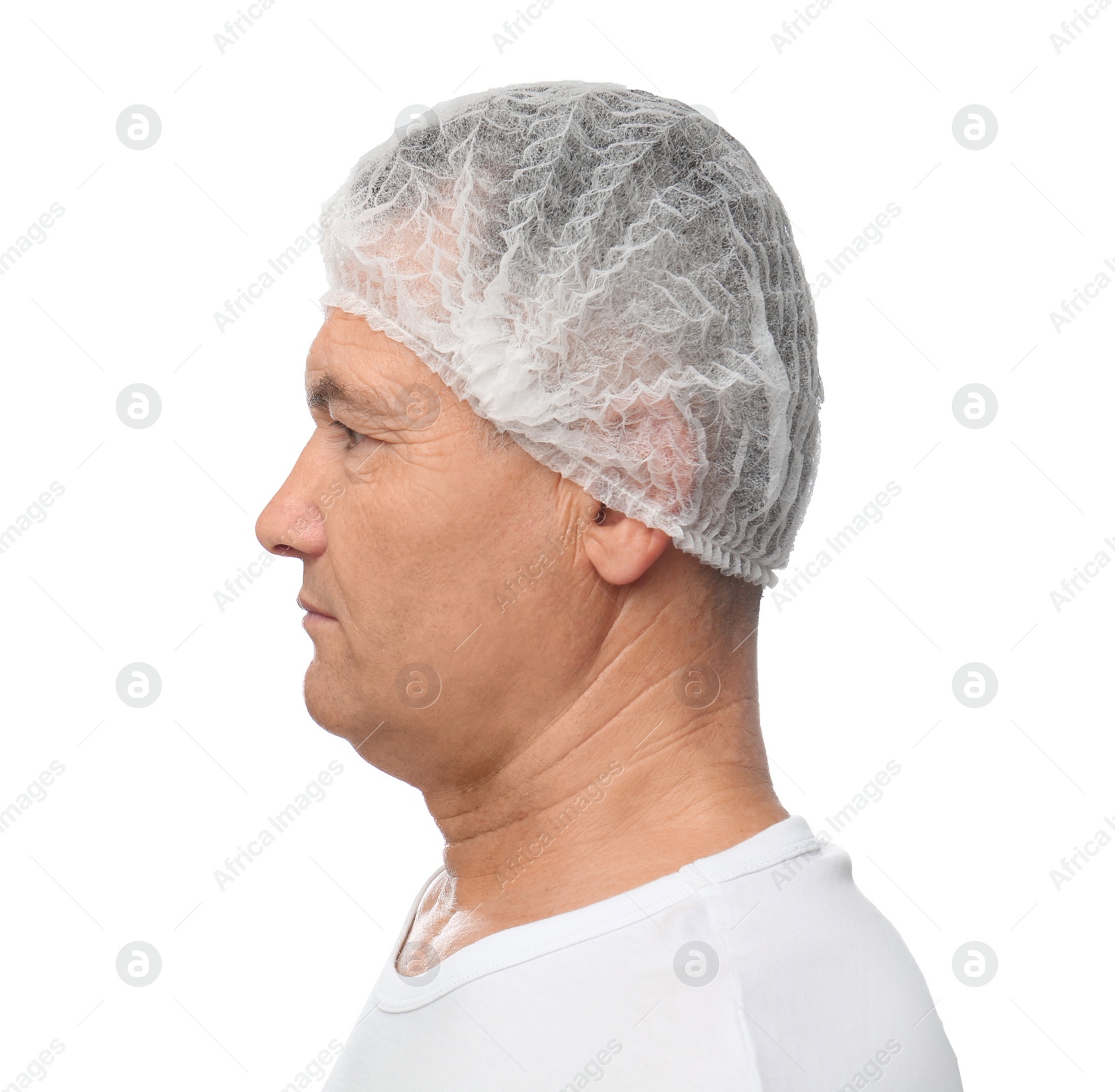 Photo of Mature man with double chin on white background