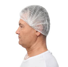 Photo of Mature man with double chin on white background