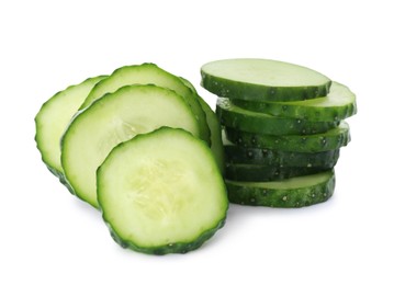 Photo of Slices of fresh ripe cucumber isolated on white