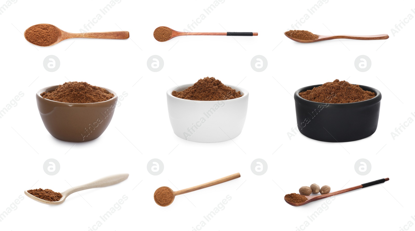 Image of Set with nutmeg powder on white background