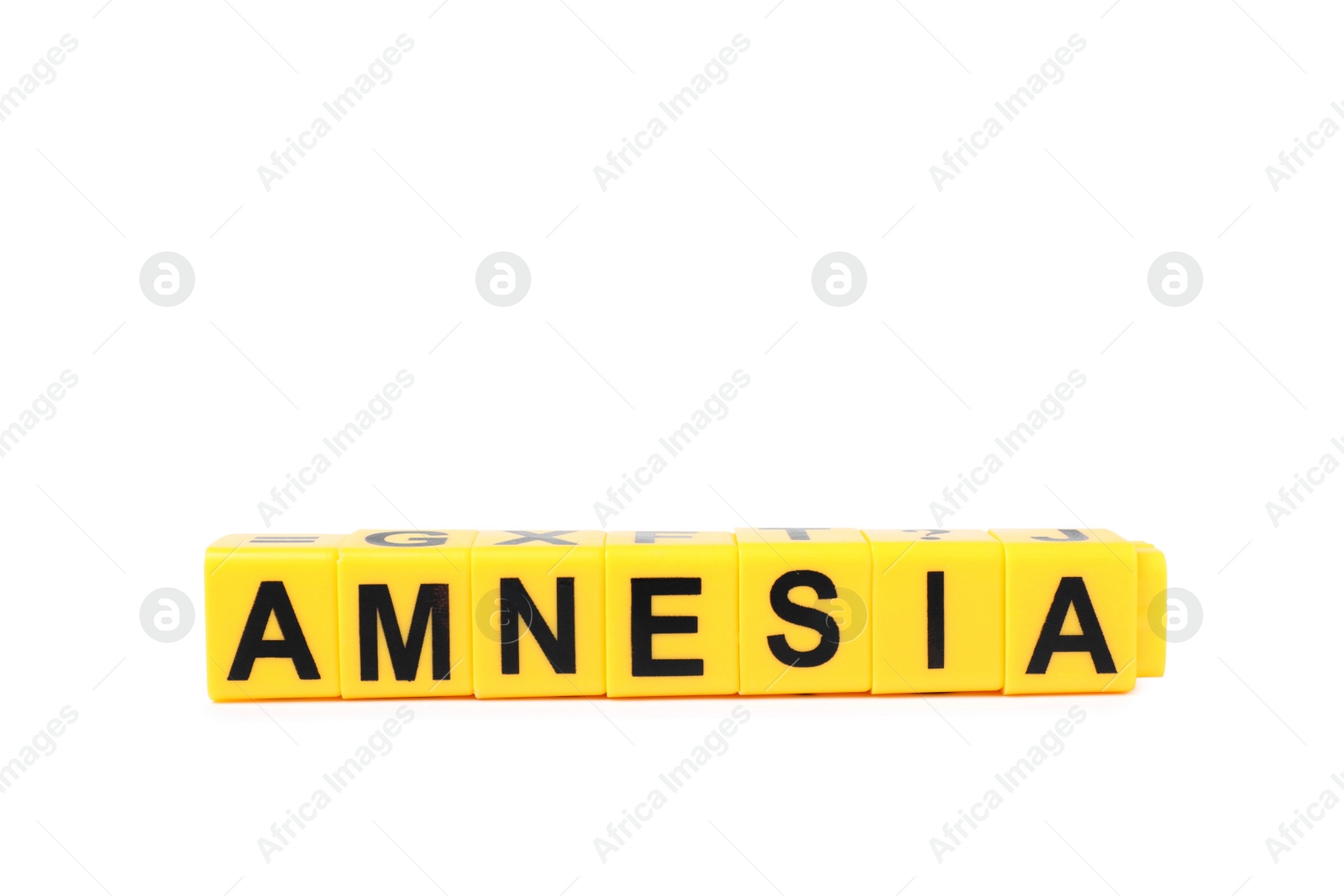 Photo of Yellow cubes with word Amnesia on white background