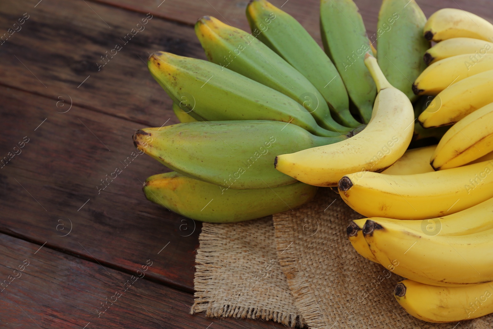 Photo of Different sorts of bananas on wooden table, closeup