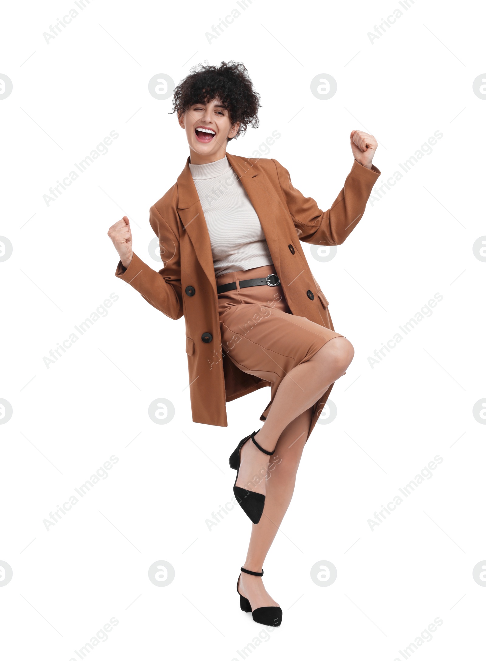 Photo of Beautiful emotional businesswoman posing on white background